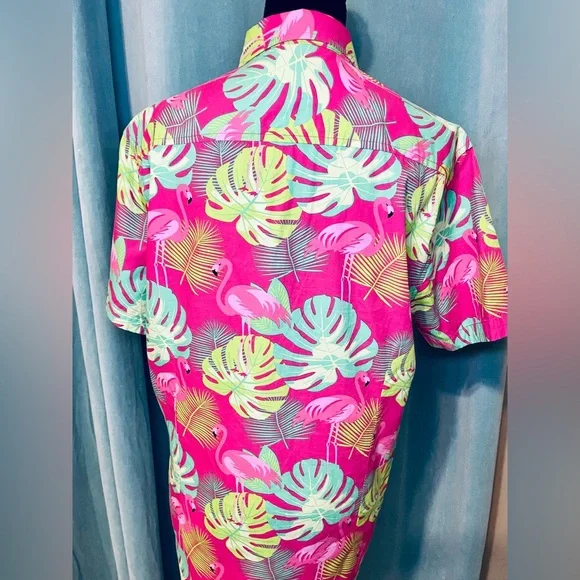 Massive Flamingo Hawaiian Shirt Size Small Pink Green Bright Button Up - Picture 6 of 13
